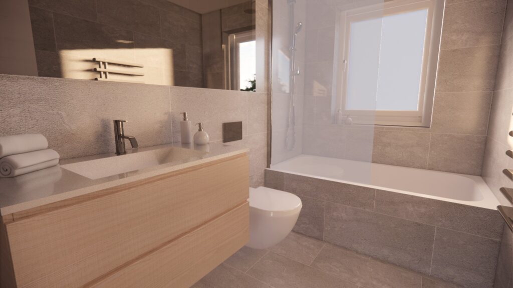 Family bathroom Village MEadows wall hung vanity and thermostatic shower
