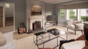 Lounge with wood burning stove in stone fire surround
