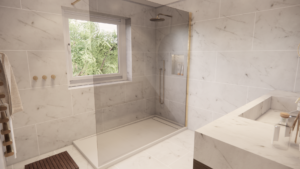 Large en-suite with walk in shower and wall hung vanity unit with integrated storage