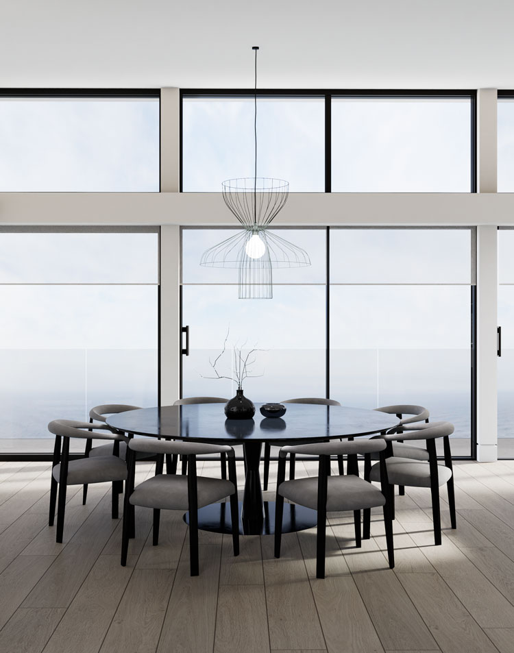 Panoramic sea views frame the central dining area at luxury new development Sandbank