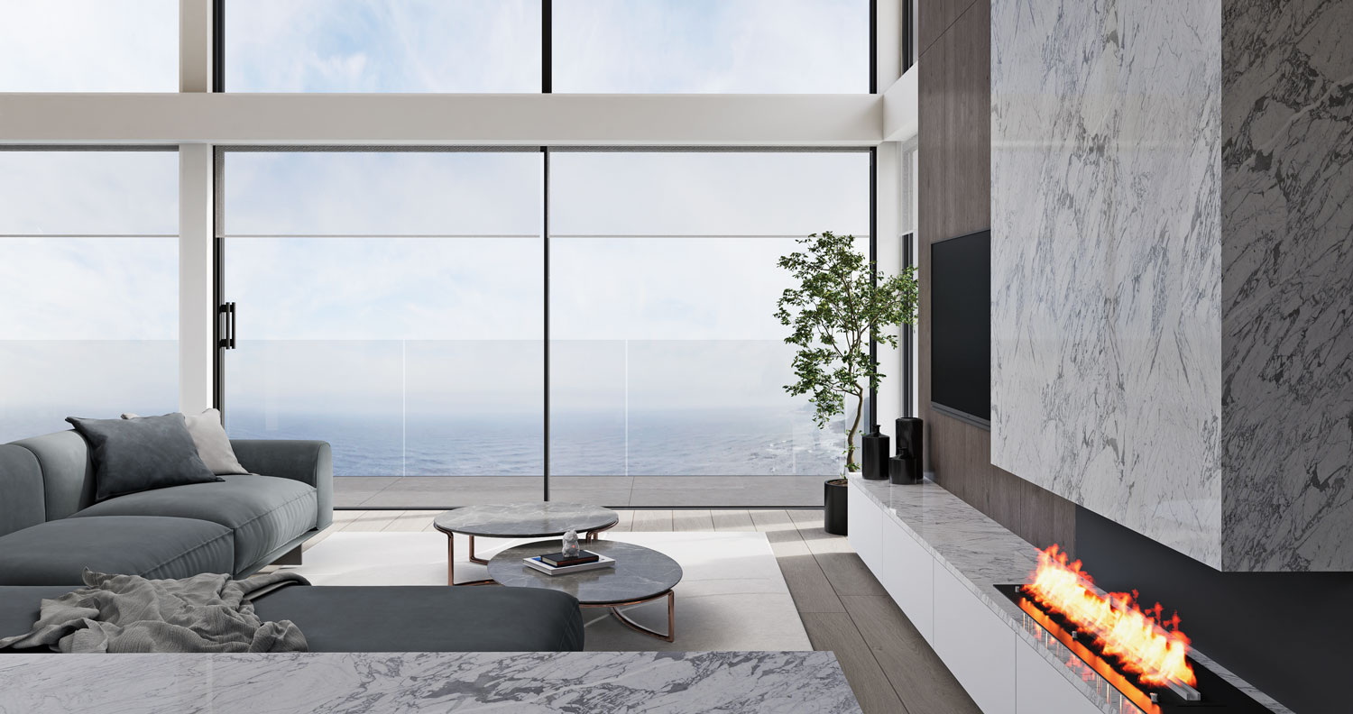 Panoramic view of sea from lounge of luxury new development, Sandbank